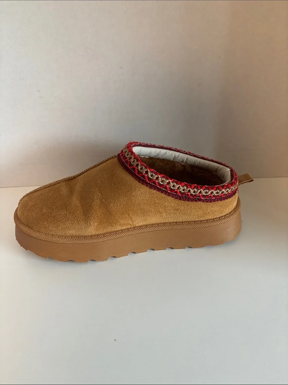 Jellypop Tan Suede Kids Slip-On Slippers with Red Trim